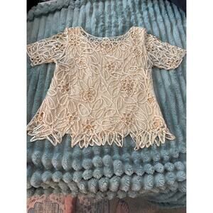 SilkenPoetry 100% Silk Handcrafted Beige Floral Lace Top Size M
